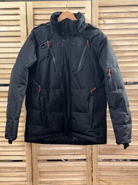 Down Fkow Black Insulated Winter Puffer Jacket Hooded Tech Ski Coat Medium